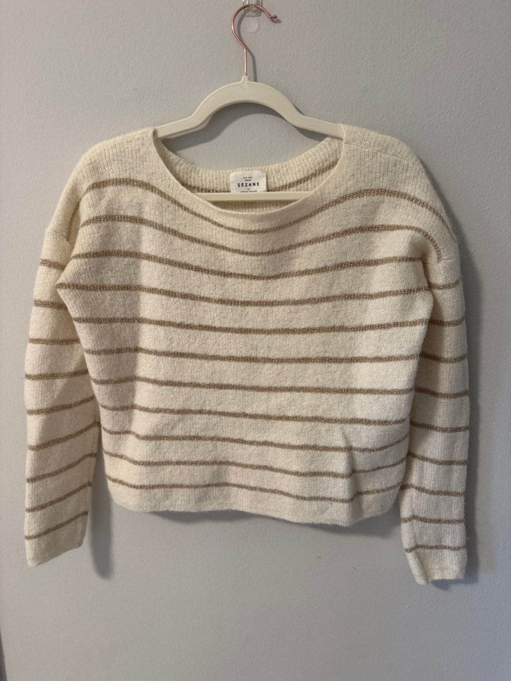 Sezane Cream & Gold Striped Crewneck Sweater See Measurements!